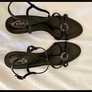 Tod’s black leather kitten heel strappy sandals